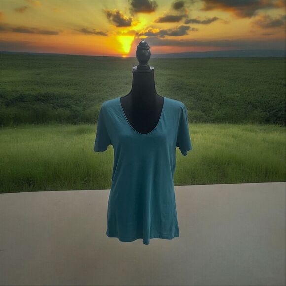 ZARA Cotton V-Neck T-Shirt Teal Short Sleeve Curved Hem Unisex Adult Size M - Picture 1 of 8